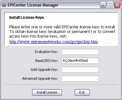 Starting and Stopping the EPICenter Server Figure 1: License Key Installation 2 Enter the 14-character license key(s) in the appropriate fields, and click Install License.