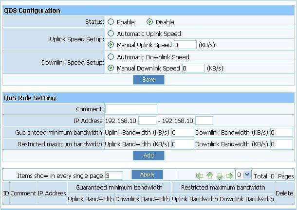 3.11. QOS Settings Figure 3-53 Status: QOS switch. Automatic Uplink Speed: Router adjusts uplink bandwidth automatically. Manual Uplink Speed (Kbps): User configures uplink bandwidth manually.