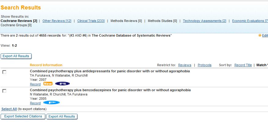 For example, the screen below is displaying the results in the Cochrane Reviews database.