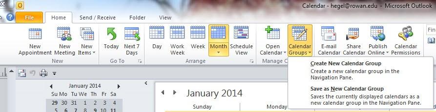Choose Calendar Group from the Ribbon and Create Calendar Group Name the Group Choose the