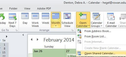 Retrieving Shared Calendars If a shared calendar does not appear in the navigation panel From the Home Tab In the Manage Calendars Group Choose Open