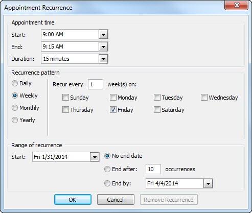 Recurring Appointments When creating an appointment, select Recurrence from the Options group Choose your options from the Appointment Recurrence form Change Appointments 1.
