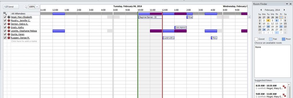The free/busy grid shows the availability of attendees (for only Rowan employees). A green vertical line represents the start of the meeting. A red vertical line represents the end of the meeting.