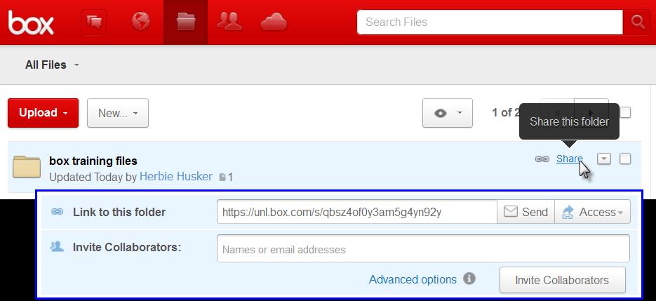 Invite Collaborators 1. Mouse over the folder you d like to share and click the Share link to the right of its name. 2. Click the Advanced options link.