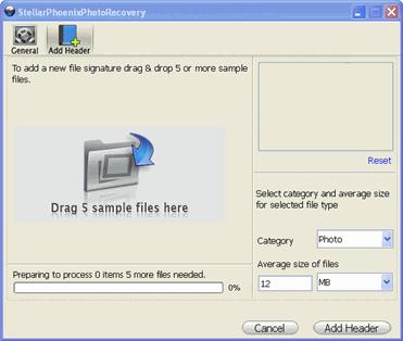 Add Header You can add new file types to the predefined list of supported file types in Stellar Phoenix Photo Recovery using Add Header functionality in Settings window.