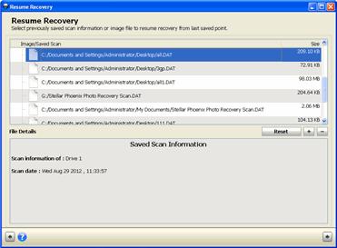 Using Scan Information 1. Run Stellar Phoenix Photo Recovery. Click Resume Recovery button. 2. In the Resume Recovery screen, click [+] in button. Open File dialog box is displayed.
