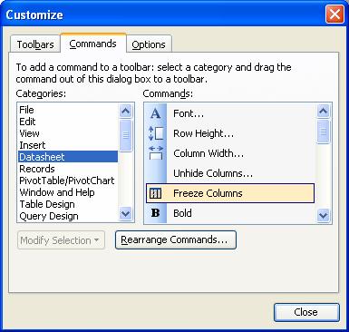 The Commands tab displays the command categories in the left pane and the commands within the category are on the right.