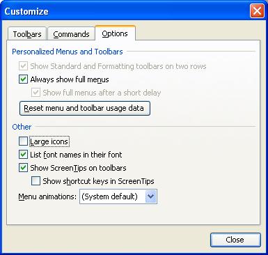 toolbar With a command chosen, click on Description to see what the command will do The Options tab allows you to specify other command bar options.