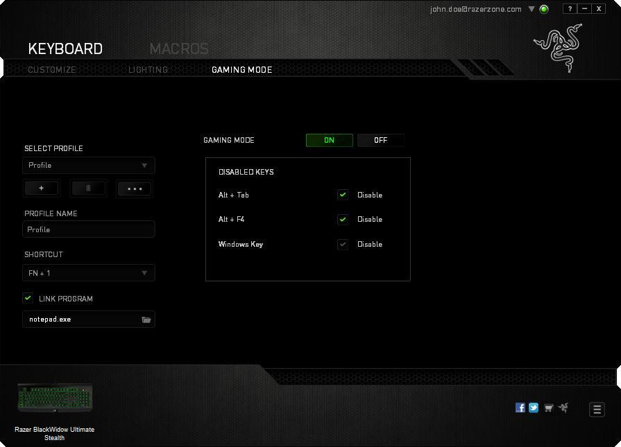 Gaming Mode Tab The Gaming Mode Tab allows you to customize which keys to disable when Gaming Mode is activated.