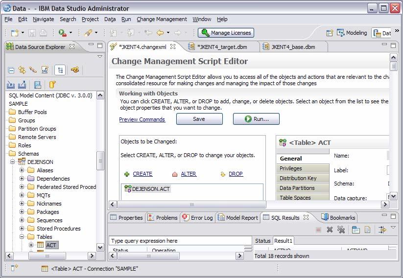 IBM Data Studio Administrator Manages changes while: Preserving data Privileges Dependent objects Application binding Synchronizes, copies, clones, or merges database schema