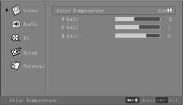 Selection of Color Temperature 1. Press the Menu button, and the Video menu appears. 2. Press or Enter to enter the Video sub menu. 3.