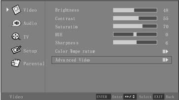 Other settings can be selected but not changed. Selection of Advanced Video (Inactive for VGA) 1. Press the Menu button, and the Video menu appears. 2.