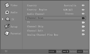 Using the Channel Scan 1. Press the Menu button, and then press or he TV menu appears. 2. Press or Enter button to enter the TV menu. 3. Press or to highlight Channel Scan. 4.