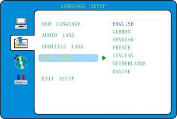 Language Setup Press DVD SETUP button to enter the DVD Functional settings menu, use or until the Language Setup menu appears, then press or ENTER to confirm the selection.