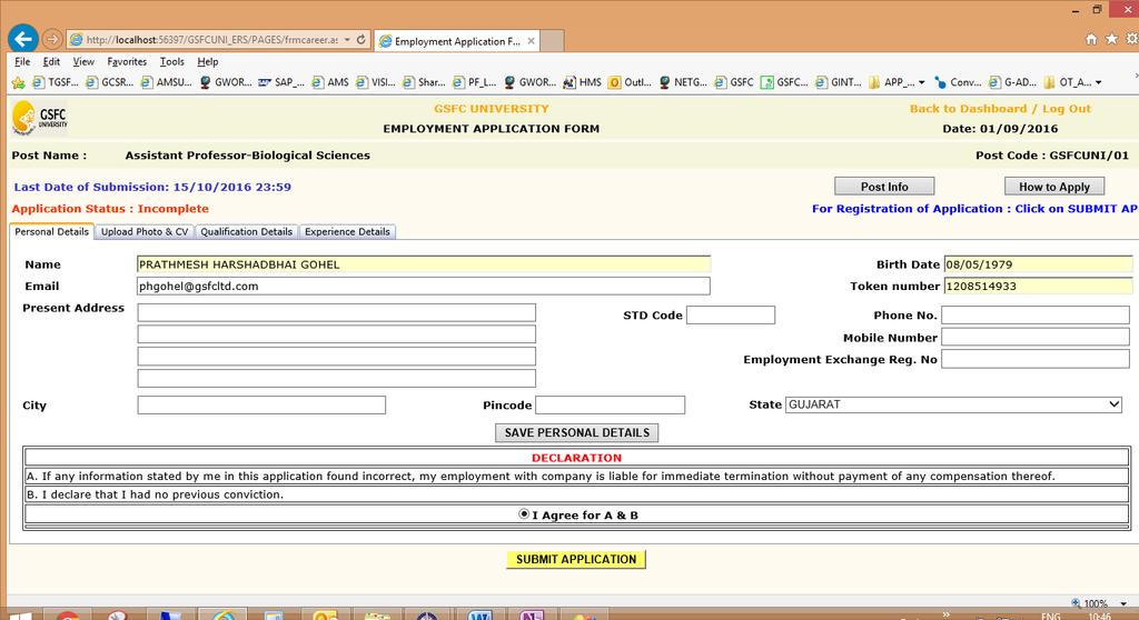 3) Candidate Registration Process : A new form is opened GSFC University: Employment Application Form as Below.