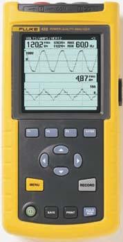 16 days Use cursors to read time and date of sags and swells Fluke 43B Watts, power factor, COS, VA and VAR Voltage and current waveforms Connect-and-View scope for quick waveform display View