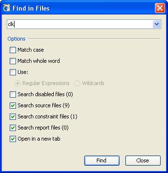 Step 2: Using the Sources View and the Text Editor X-Ref Target - Figure 12 Figure 12: Using the Find in Files Command 4. Type clk and click Find.