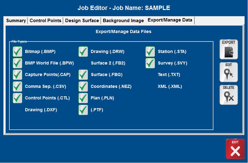 JOB MANAGEMENT The Export/Manage Data tab coordinates how files can be saved, shared and loaded in other programs.