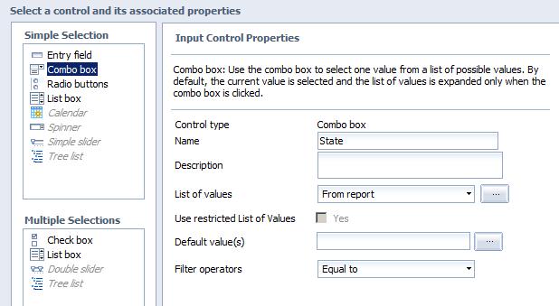 Creating an Input Control, cont d Choose the type of input control The control selected