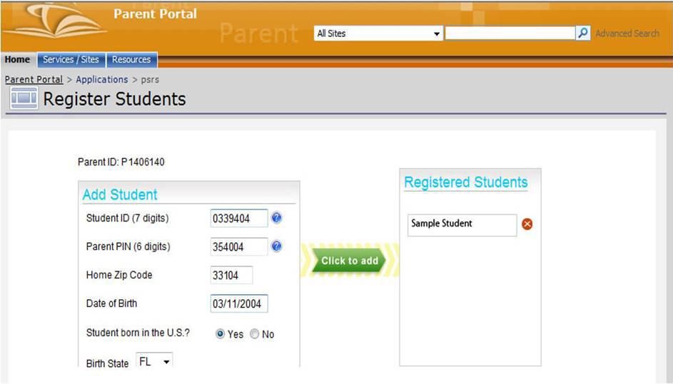 Adding a Student to the Parent Portal Account The Parent Portal home page contains general District news and events. The message, No registered students found will be displayed.