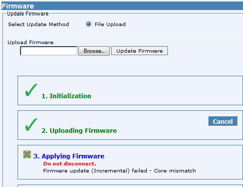 2a using ACEmanager, I see the following message: Firmware update (Incremental) failed - Core mismatch. ALEOS 4.3.