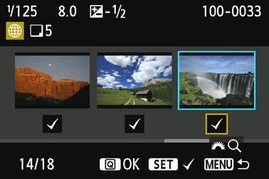 Select the images to send. Press the <U> key to select images to send, then press <0>. <X> is displayed on the upper left of the images to send.