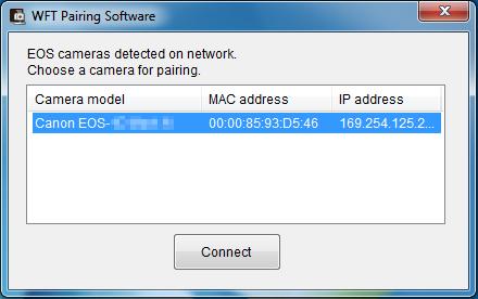Configuring EOS Utility Communication Settings 4 5 Click [Connect]. If multiple cameras are displayed, identify the camera to connect to by its MAC address displayed on the camera s LCD monitor.