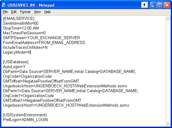 Configure USISERVICE.ini Browse to the where the E-mail Trace Service is installed. The Default location is C:\Program Files\Ungerboeck\EBMSEmailTraceServiceSetup\ 1. Edit the USISERVICE.ini 2.