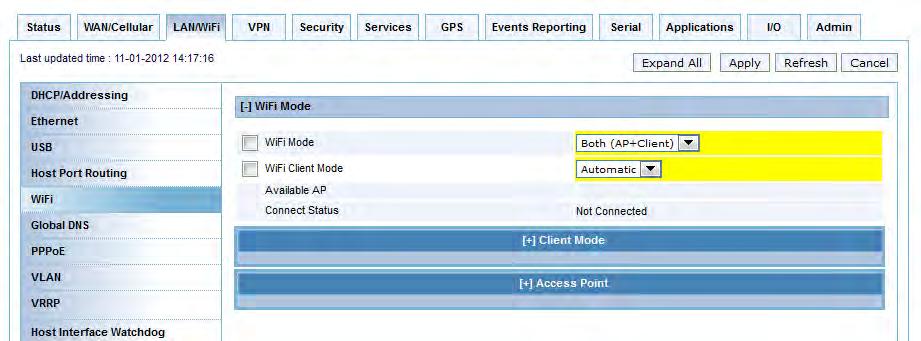 LAN/Wi-Fi Configuration Figure 5-23: ACEmanager: LAN/WiFi > WiFi > Both (AP + Client) Mode For information on configuring the required fields, see Access Point