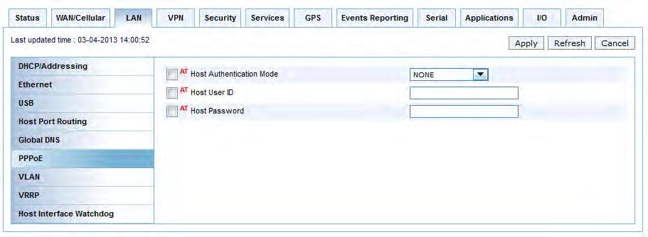LAN/Wi-Fi Configuration Figure 5-25: ACEmanager > LAN > PPPoE Field Host Authentication Mode Description Host Authentication Mode: Use PAP or CHAP to request the user login and password during PPP or