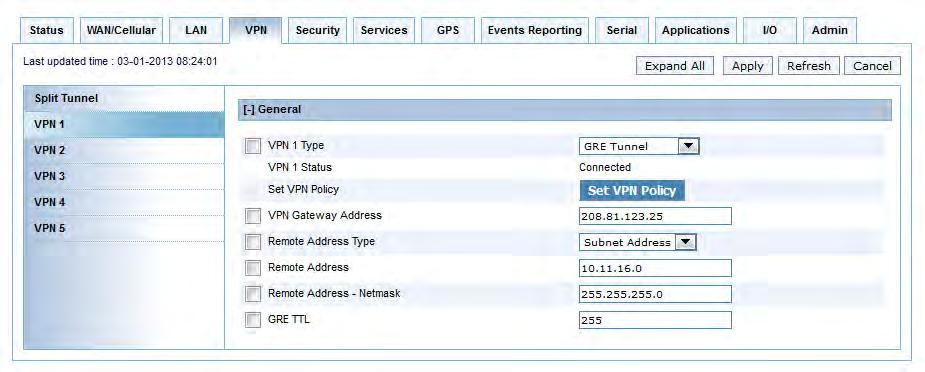 VPN Configuration Figure 6-4: ACEmanager: VPN > VPN1> GRE Tunnel Please refer to the IPsec table for parameter descriptions.