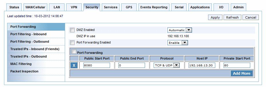 ALEOS 4.3.3 Configuration User Guide Single port To define a port forwarding rule for a single port: 1. In ACEmanager, go to Security > Port Forwarding.