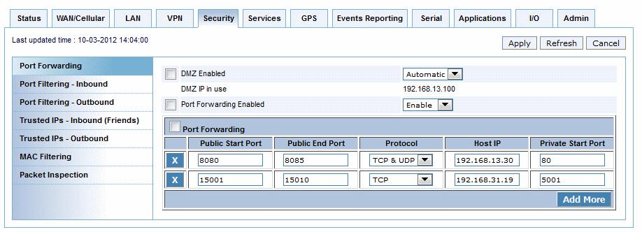 Security Configuration Range of ports To define a port forwarding rule for a range of ports: 1. In ACEmanager, go to Security > Port Forwarding.
