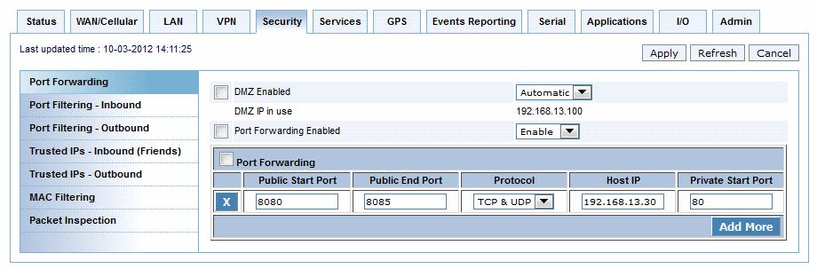Security Configuration Figure 7-4: ACEmanager: Port Forwarding example 8. Click Apply. 9. Reboot.