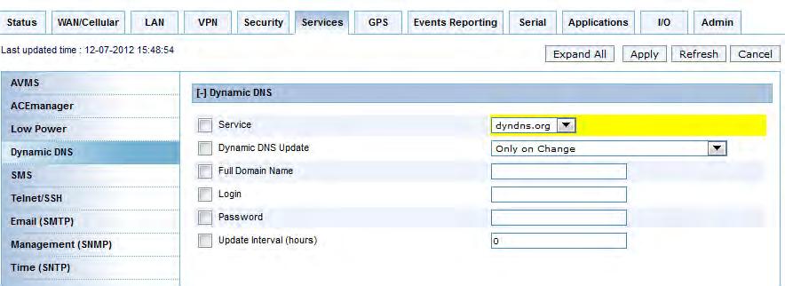 Services Configuration Third Party Services Figure 8-5: ACEmanager: Services > Dynamic DNS 3rd Party Services (partial screen) Figure 8-5 is a sample third party service information screen.