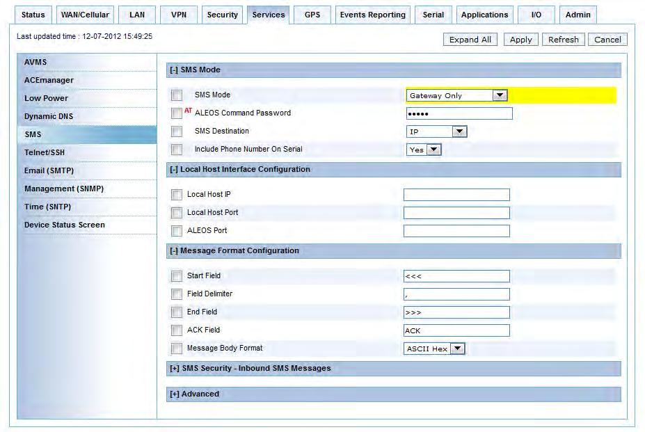 ALEOS 4.3.3 Configuration User Guide Configure ALEOS for Gateway Only mode 1. In ACEmanager, go to Services > SMS. Figure 8-10: ACEmanager: Services > SMS (Gateway Only) SMS Mode 2.