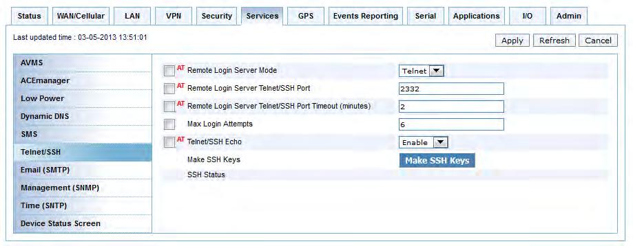 ALEOS 4.3.3 Configuration User Guide Telnet/SSH Use the Telnet or SSH protocol to connect to any AirLink device and send AT commands.