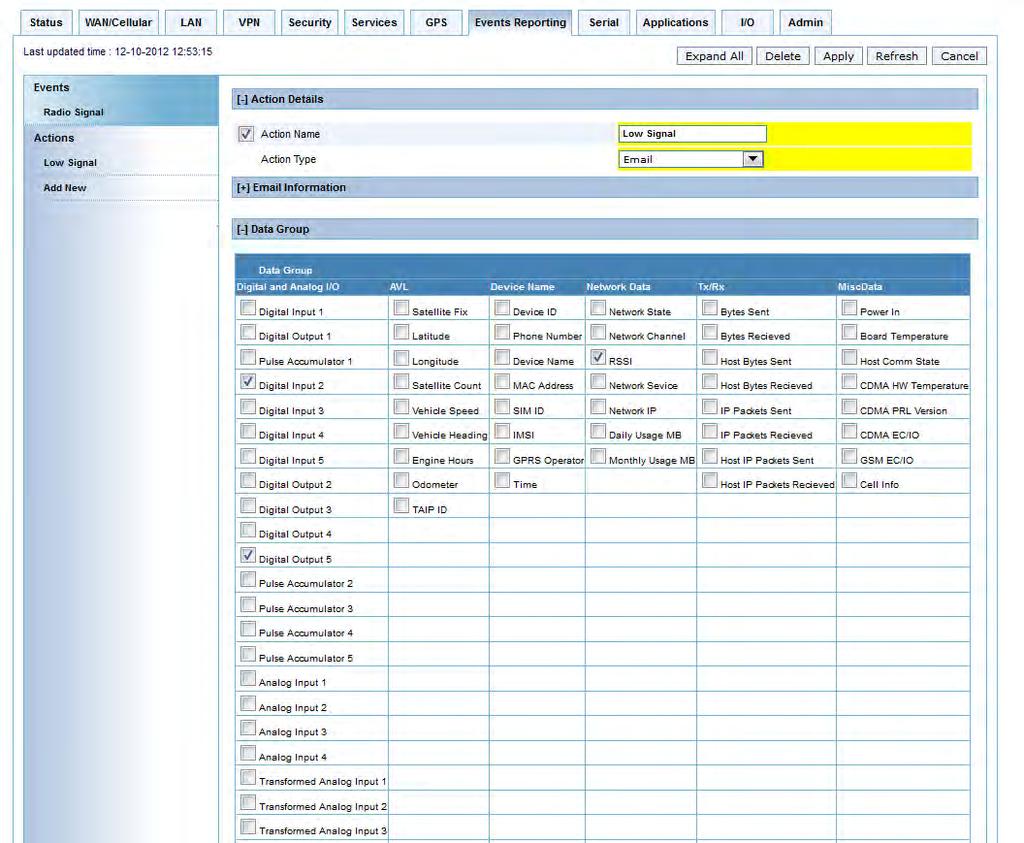 ALEOS 4.3.3 Configuration User Guide Figure 10-3: ACEmanager: Events Reporting > Actions > Add New 3. Associate the Action with the Event This is done by clicking on the Events group.