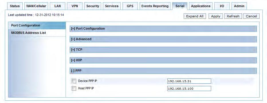Serial Configuration PPP Figure 11-5: ACEmanager > Serial > Port Configuration > PPP Table 11-5: Serial Port Configuration > PPP Field Description PPP a Device PPP IP Host PPP IP Sets the device IP