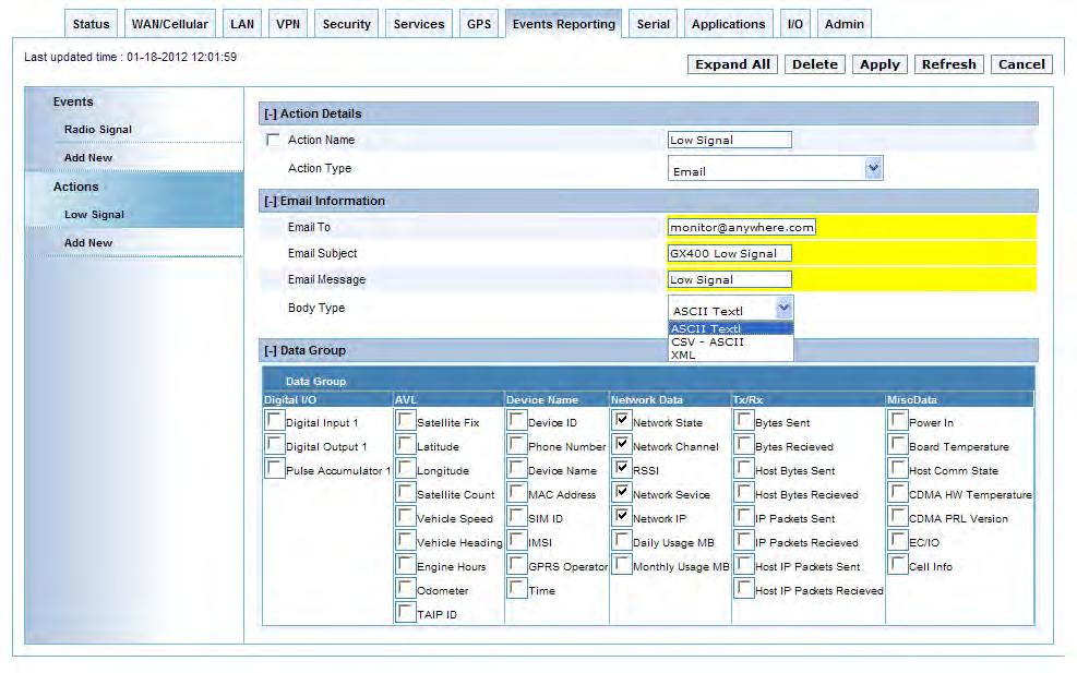 ALEOS 4.3.3 Configuration User Guide Field Description Previous Day Previous Daily Usage (MB) Shows the data usage for the previous day (in MB) 2.