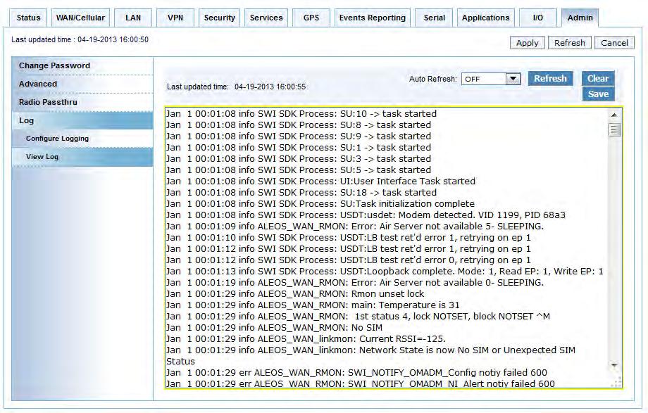 ALEOS 4.3.3 Configuration User Guide 6. Select View Logs from the menu on the left side of the window. Figure 14-5: ACEmanager: Admin > Log, View Log Note: If you toggle the Display in Log?