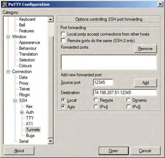 Device Configuration Figure 2-11: PuTTY: Creating an SSH tunnel 5.