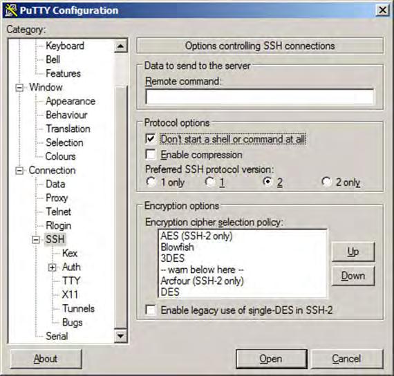 ALEOS 4.3.3 Configuration User Guide 8. Under Protocol options, select Don t start a shell or command at all to prevent getting a command prompt. Figure 2-13: PuTTY: SSH Connection Settings 9.