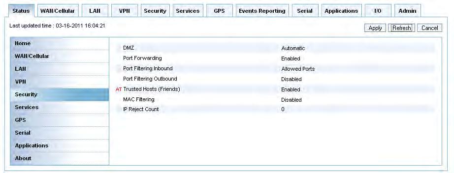 Status Security The security section provides an overview of the security settings on the AirLink device.