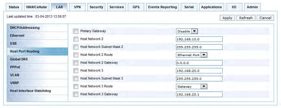 ALEOS 4.3.3 Configuration User Guide Host Port Routing The Host Network is the equivalent of the IP route command.