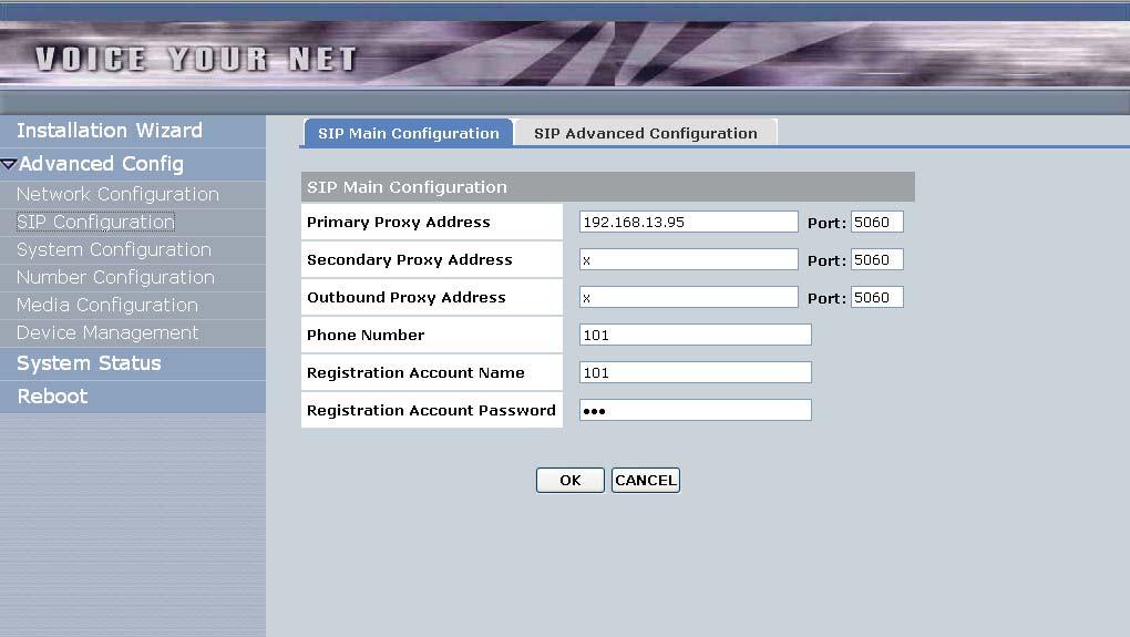 Go to Advance Config SIP Configuration, setup the Primary proxy Address and Registered Number etc.