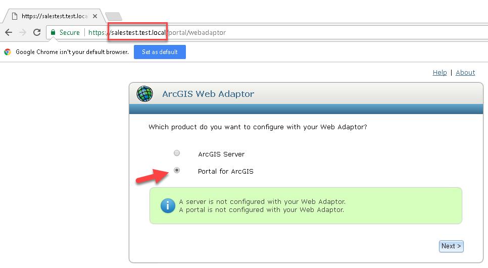 In the setup screen for the web adaptor, take the backend URL address you saved in step one and