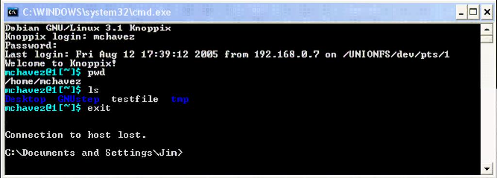 Example of a successful connection to Telnet from Windows XP 3. What directory are you in? To find out, type: pwd In the space below, write down the current working directory: /home/mchavez 4.