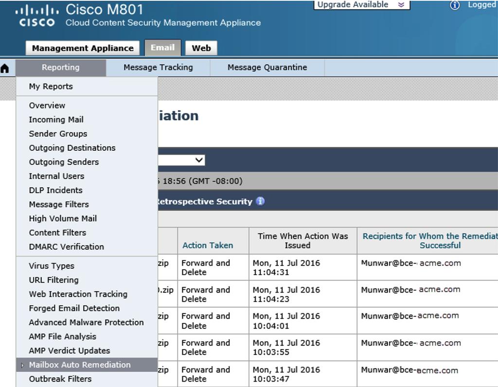 Monitoring Mailbox Remediation Results 1. You can view the details of the mailbox remediation results using the Mailbox Auto Remediation report page. a.