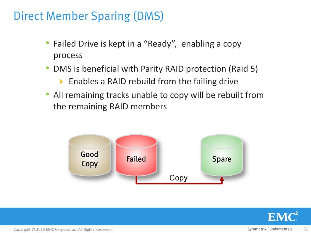When a drive fails, Direct Member Sparing (DMS) runs a script that adds a new drive, but keeps the failing drive, which becomes defective, but Ready.